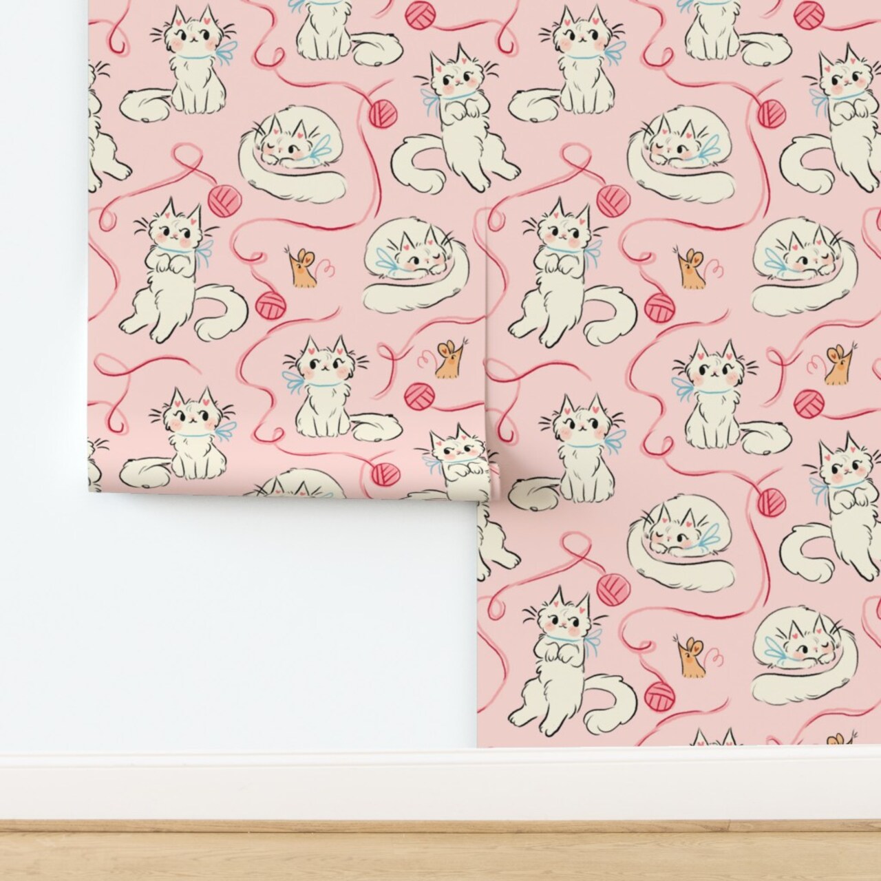 Cute Cats Pink White Knitting Mouse Kawaii Doodle Custom Removable Wallpaper by Spoonflower Peel & Stick Wallpaper 2FT Wide